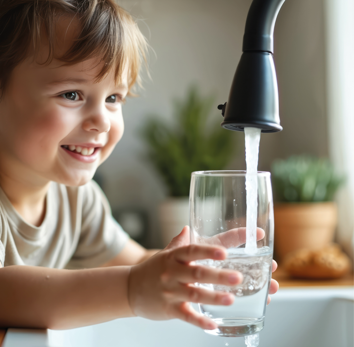 Wasserhahn mit Leitungswasser und glücklichem Kind, dank OA-Water